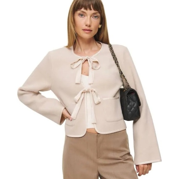 NWT Reformation Daisy Cropped Jacket Bows Tie Front Cream Large - Picture 1 of 13